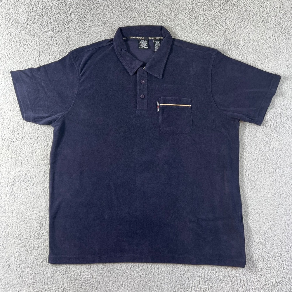 DKNY Jeans Polo Shirt Men's L Navy Blue Terry Cloth Short Sleeve Pocket VTG NWT